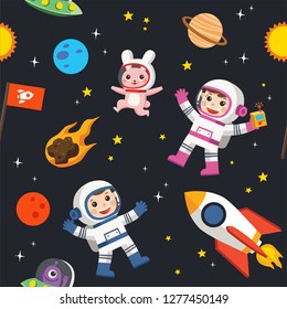 Pattern of space. Space elements. Planet earth, sun and galaxy, spaceship and star, moon and small kids astronaut, pattern illustration.