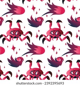 A pattern with space insects in the form of a crab. Mechanical insects of blue and pink colors fly in space among asteroids, nebulae and stars on white. Vector gradient illustration of an alien insect