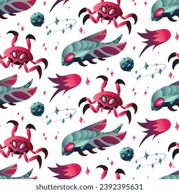 Pattern with space insects in the form of a fly and a crab. Mechanical insects of blue and pink colors fly in space among planets and constellations on a white background. Vector gradient illustration