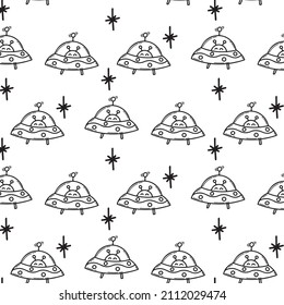 pattern with a space plate, an alien in the style of a doodle. Space, science. Vector
