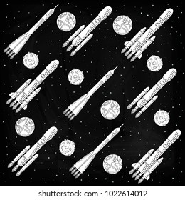 The pattern of space travel. Space rockets, the planet Earth and the Moon, space is made in black and white. Space race. Pattern, vector illustration