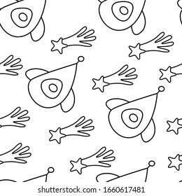 Pattern from spaceship and star, illustration with cartoon style. Rocket icon. Vector. Ready to use in web design, apps, software, print, background. 