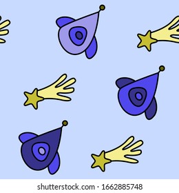 Patrón de la nave espacial y la estrella, ilustración con estilo de caricatura. Icono del cohete. Vector. Listo para usar en diseño web, aplicaciones, software, impresión, fondo.