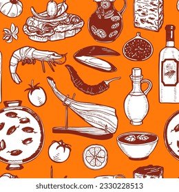 Pattern with Spanish Food. Background in Hand Drawn Style for Surface Design Fliers Banners Prints Posters Cards. Illustration