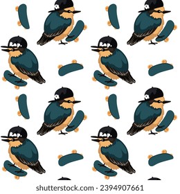 The pattern is sparrows or birds in caps. Fancy birds on a skateboard. Vector illustration of repeating birds with a cap and a skateboard, standing, riding on a white background. A sporting bird