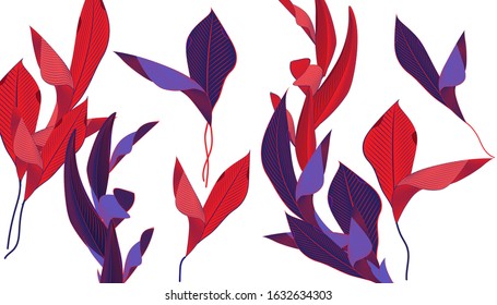 A pattern of spectacular exotic leaves. Tropical leaves. Banner and postcards, Printing on fabric and other surfaces. Vector illustration