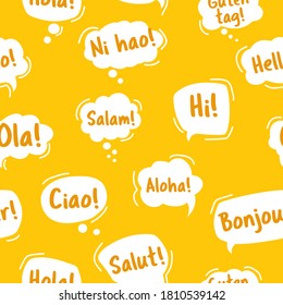 Pattern with Speech Bubble. Hello, in different languages of the world. Hand drawn doodle talking bubbles. Bright yellow Seamless pattern. Vector illustration doodle style.