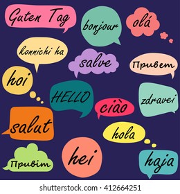 pattern with speech bubbles with the word hello in different languages. Welcome background. Doodle speech bubble pattern.
