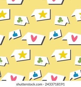 A pattern with speech clouds of compliments. A hand-drawn set of speech bubbles. Vector seamless drawing. Endless abstract background. Heart, star, thumbs up on a yellow background. Collage