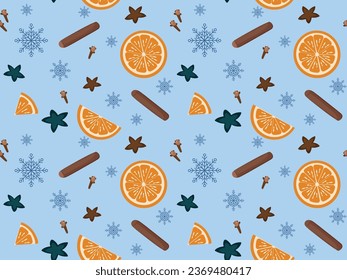 Pattern of spices and dried fruits. New Year's pattern for gift wrapping, printing cards or napkins. printing on clothes. set for mulled wine: anise, orange, cinnamon, cardamom, cloves. Vector 