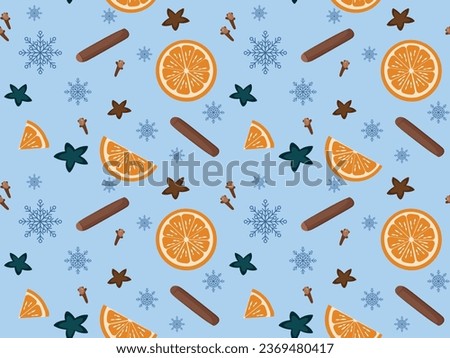 Pattern of spices and dried fruits. New Year's pattern for gift wrapping, printing cards or napkins. printing on clothes. set for mulled wine: anise, orange, cinnamon, cardamom, cloves. Vector 