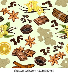 Pattern of spices on a colored background.A set of spices on a colored background in a vector seamless pattern.