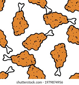 Un patrón de pierna de pollo picante en migajas. Patrón sin soldadura de pierna de pollo al azar en forma de doodle marrón, empanada sobre huesos sobre un fondo blanco con puntos de textura de especias para el diseño