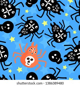 Pattern with spiders crosses, skulls and stars on blue background for Halloween, Day of the Dead. For fabric, textile, background, Wallpaper, postcards, wrapping paper.
