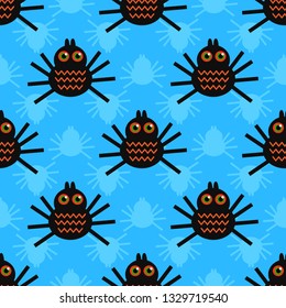 Pattern with spiders for Halloween, day of the dead on a blue background. For textile, background, fabric, wrapping paper.