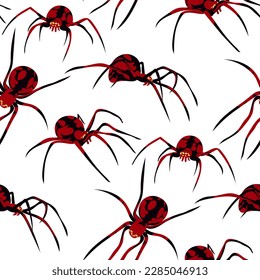 Pattern with spiders on a white background. Vector illustration of a black and red spider of different sizes with a pattern on the body. Printing on textiles and paper. Gift wrapping for Halloween