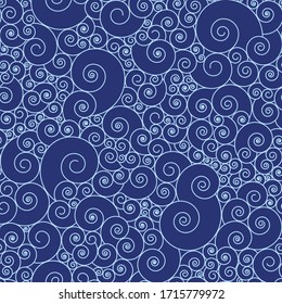 Pattern of spirals in blue. Wave background. Vector seamless pattern.