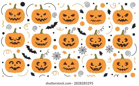Pattern of spooky jack-o-lanterns features diverse scary expressions with bats and spiderwebs on a clean white autumn graphic background.