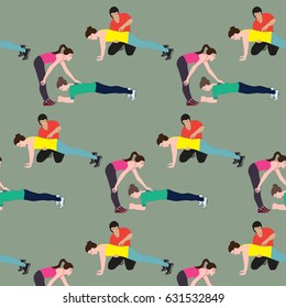 Pattern sport fitness personal trainer man and woman exercising stand on hands colored art creative vector