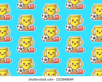 Pattern of sport illustration with trophy, soccer ball and rugby. Flat design. Cartoon style for print design, wallpaper, background, and poster
