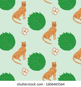 Pattern - Spotted panther and leaves - light green background - vector. Animal world