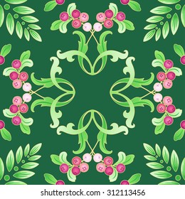 Pattern with a sprig of lingonberry on a green background