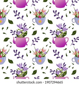 Muster mit Frühlingsbouquets. Blumen in einem Teekanne und einem Krug. Zur Dekoration, Verpackung, Textilien und Scrapbooking. Vektorgrafik.