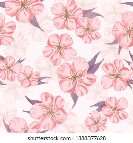 pattern with spring branches.Seamless floral pattern. Pink flowers and leaves on a light background.Spring natural texture.Wedding Print, Retro Flowers Background, Rustic Design. nature elements.Eps10