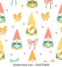 Pattern Spring Easter Gnomes. Cute Gnome Characters In Bright Colors, Easter Eggs And Cakes