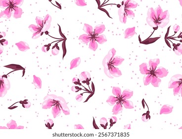 Pattern with spring flowers. Apple, sakura or cherry blossom. Beautiful decorative blooming plants.