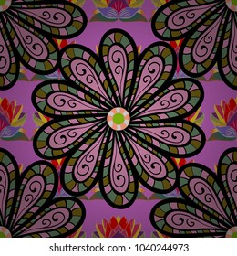 Pattern with spring flowers with branch, on black, pink and violet colors with flower silhouette. Vector pattern.