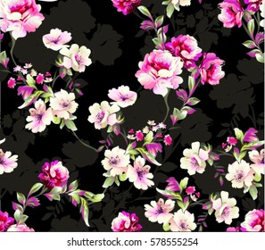 Pattern with spring flowers Pattern with spring flowers  with branch, on black background with flower silhouette