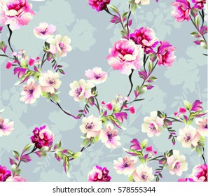 Pattern with spring flowers  with branch, on grey background with flower silhouette