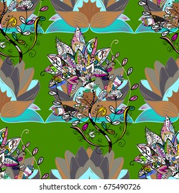 Pattern with spring flowers with branch, on colorful background with flower silhouette. Vector pattern.