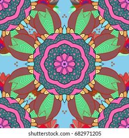 Pattern with spring flowers with branch, on background with flower silhouette. Vector pattern.