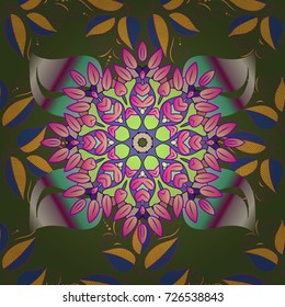 Pattern with spring flowers with branch, on green, violet and purple colors with flower silhouette. Vector pattern.