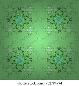 Pattern with spring flowers with branch, on green, blue and neutral colors with flower silhouette. Vector pattern.