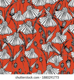 Pattern with spring flowers, chamomile, dried flowers. hand-drawn liner. Decorative wildflowers, Stylization of plants, small beautiful flowers. For textiles, design, packaging, paper. Isolate.
