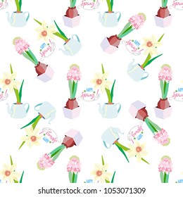 Pattern with spring flowers daffodils and hyacinths