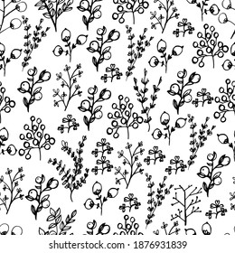 Pattern with spring flowers, dried flowers. hand-drawn liner. Decorative wildflowers, Stylization of plants, small beautiful flowers. For textiles, wallpaper, packaging, paper. Isolate. Stock graphics