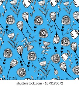 Muster mit Frühlingsblumen, handgezeichnet Linienführung.
Dekorative Wildblumen, Pflanzenlithisation, kleine schöne Pflanzen. Für Textilien, Tapeten, Verpackungen, Papier. Isolieren. Stockgrafiken.
