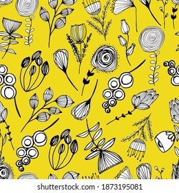 Pattern with spring flowers, hand-drawn liner.
Decorative wildflowers, Plant lithization, small beautiful plants. For textiles, wallpaper, packaging, paper. Isolate. Stock graphics.