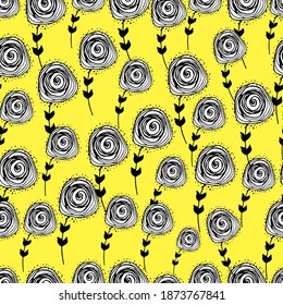 Patrón con flores primaverales, liner dibujado a mano.
Flores silvestres decorativas, Limpieza de plantas, pequeñas y hermosas plantas. Para textiles, papel pintado, embalaje, papel. Aislar. Gráficos de material.