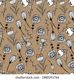 Pattern with spring flowers, hand-drawn liner.
Decorative wildflowers, Plant lithization, small beautiful plants. For textiles, wallpaper, packaging, paper. Isolate. Stock graphics.