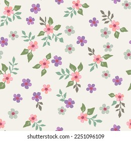 A pattern with spring flowers of pink purple and green on a mint background.