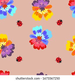 Pattern with spring flowers of violets, as well as with botany insects. Seamless pattern for Wallpaper, web page background fill pattern, surface texture. Vector illustration