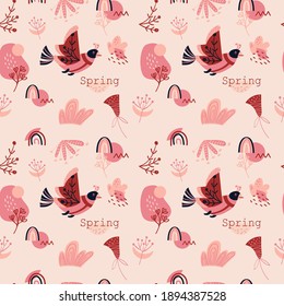 Primavera de patrón con aves geométricas. Impresión inmaculada rosa con texto, formas abstractas, arcoíris. Impresión floral gráfica para tela, papel, afiche. 