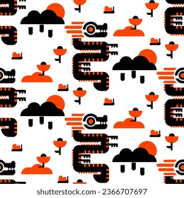 A pattern with a spring geometric dragon in orange and black colors. Seasonal elements flowers, rain, butterfly, snowdrop on a white background. A mystical animal in springtime. Year of the Dragon