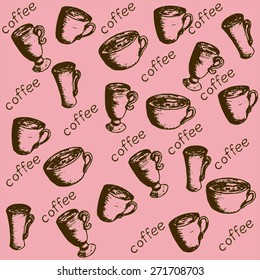 pattern with sprouts coffee beans, coffee leaves, coffee berries, a cup of coffee and eco-labeled
