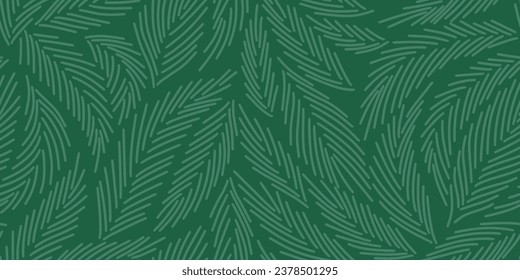 Pattern with spruce needles. Winter linear botanical pattern. Line illustration with Christmas tree branches and leaves on dark green background. Pine needles texture